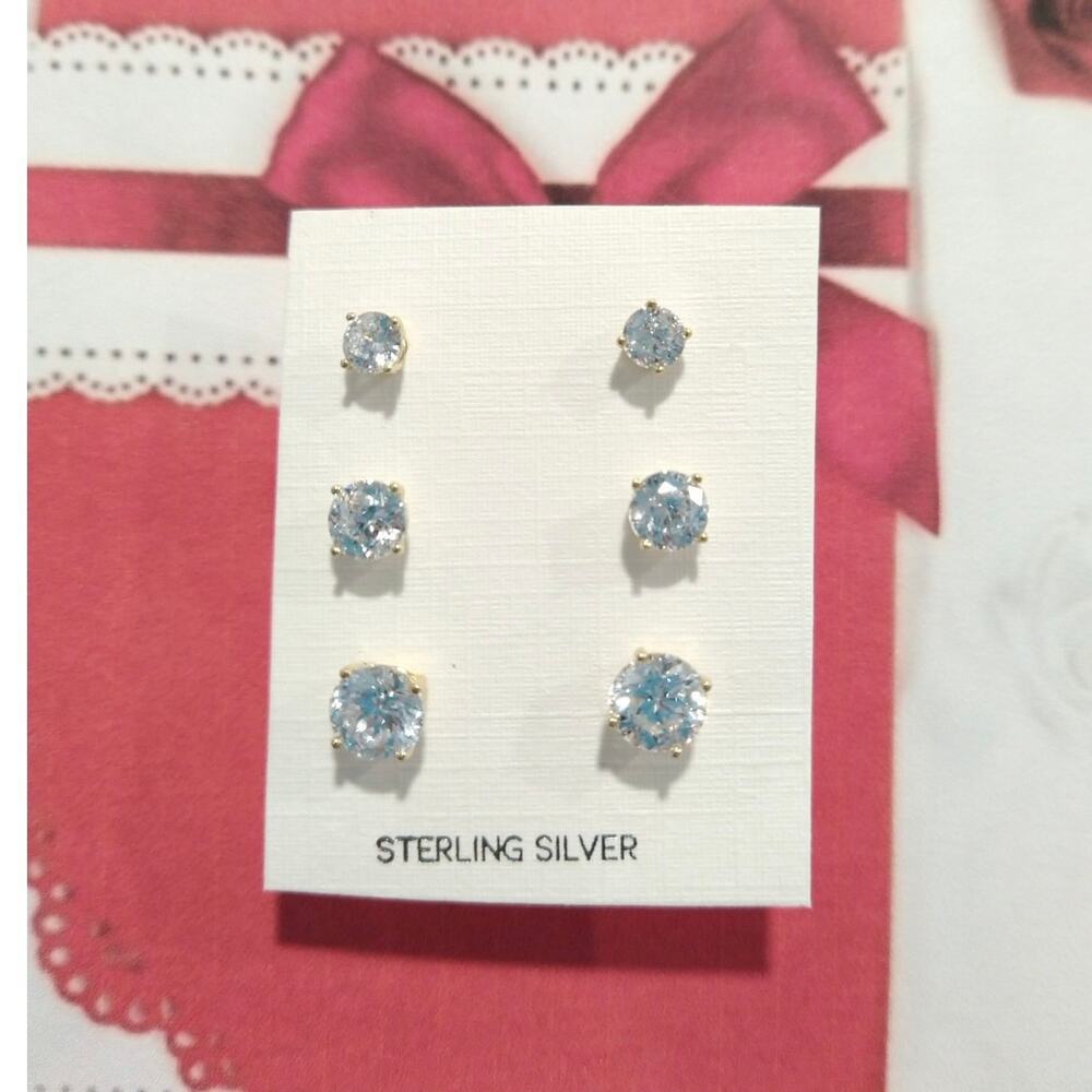 14K Yellow Gold over 925 Sterling Silver Stud Earrings 3pcs Round Cut CZ Posts